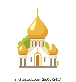 Orthodox church building with gold onion domes, crosses, greenery and Stone Details 