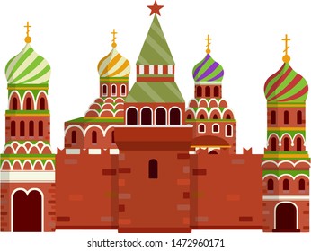 Orthodox Church. Eastern religious temple with bell tower. Monastery and Cathedral. Element of red square in Moscow Kremlin. Cartoon flat illustration. Prayer and Christian Greek and Russian faith