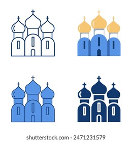 Orthodoxe Kirche Ikone im flachen und Linienstil gesetzt. Christliche Religion Gebäude Symbol. Vektorillustration