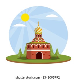Orthodox Church on green landscape. Eastern religious temple with bell tower, dome in summer season. Prayer and Christian Greek and Russian faith. Monastery and Cathedral. Cartoon flat illustration
