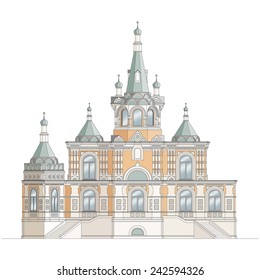 Orthodox church on white background, highly detailed, colored, isolated. 