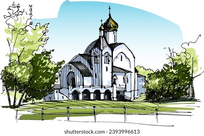 Orthodox church standing in the middle of the park - hand-drawn sketch