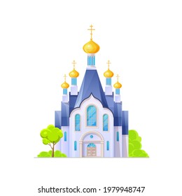 Orthodox church or temple building icon, Christianity cathedral, vector architecture. Orthodox church or chapel with golden cupola dome and crucifix cross, Christian religious architecture building