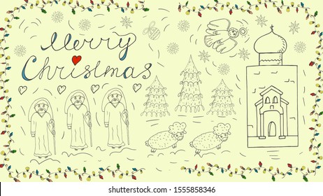 Orthodox contour banner in Christmas design in the style of childrens doodles in the frame of garlands vector EPS 10
