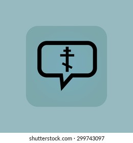 Orthodox cross in chat bubble, in square, on pale blue background