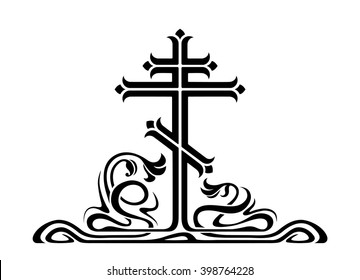 Orthodox cross, crucifix with decorative elements. Art-nouveau style.