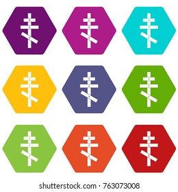 Orthodox cross icon set many color hexahedron isolated on white vector illustration