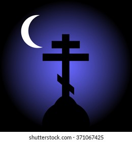 The Orthodox Cross at night. Vector illustration.