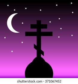 The Orthodox Cross at night. Vector illustration.