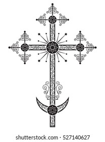 Orthodox crucifix, one of the variations, usually is installed on the church dome. Silhouette, stencil. Only black color. 