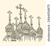 Orthodox domes with crosses on the temple. Orthodox religion. Vector illustration on a white background, sketch