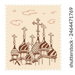 Orthodox domes with crosses on the temple. Orthodox religion. Postage Stamp. Vector illustration