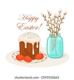 Orthodox Easter celebration card with traditional cake, painted eggs and branches of willow in glass jar, flat vector illustration, poster, banner.