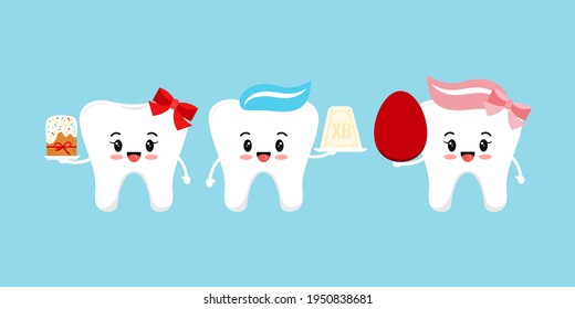 Orthodox Easter cute teeth dental icon set. Dentist white tooth character with cake, curd easter, red color egg. Flat cartoon vector russian religion holiday dentistry clip art illustration.