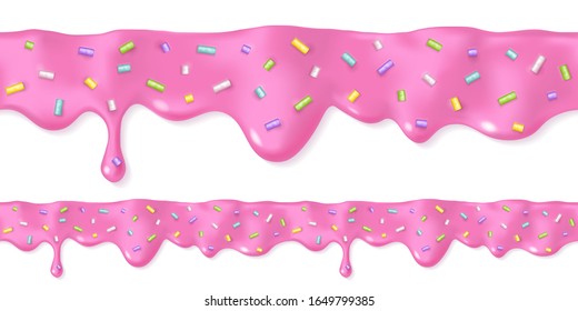 Orthodox Easter decoration with melted pink icing or sweet sauce drop. Doughnut glaze design. Realistic 3d horizontal leaking syrup dripping. Horizontal border element isolated on white background