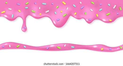 Orthodox Easter decoration with melted pink icing or sweet sauce drop. Doughnut glaze with colorful sprinkles design. Realistic 3d horizontal leaking syrup dripping. Horizontal border element isolated