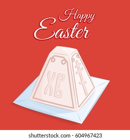 Orthodox Easter festive greeting card. Vector cartoon illustration of a traditional curd dessert in the form of a pyramid on a square plate. Hand drawn style.