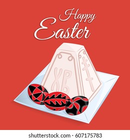 Orthodox Easter festive greeting card. Vector cartoon illustration of a traditional curd dessert called the pascha in the form of a pyramid on a round plate. Three painted eggs. Hand drawn style.