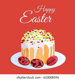 Orthodox Easter festive greeting card. Vector cartoon illustration of a traditional Easter cake with candied fruits and three colored eggs on a plate. Hand-drawn style illustration.