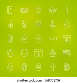 Orthodox Easter Line Icons Set over Blurred Background. Vector Set of Modern Spring Holiday Thin Outline Icons for Web and Mobile.