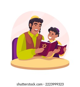Orthodox Family isolated cartoon vector illustration. Orthodox father and son reading, teaching Torah to child, everyday religious ritual, family tradition, spiritual practice vector cartoon.