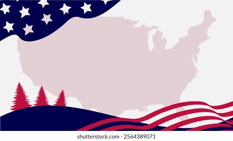 Orthodox Happy Christmas Vector Graphic Illustration Background, with United States Flag Colors, Copy Space Area, and America Map Silhouette. Suitable to be placed on content with that theme.