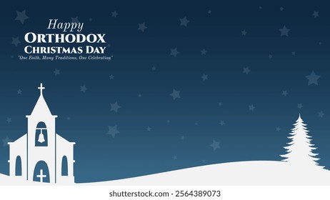 Orthodox Happy Christmas Vector Graphic Illustration Background, with Blue Color, Copy Space Area, and Church Silhouette. Suitable to be placed on content with that theme.