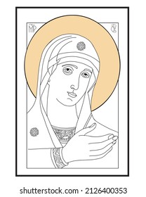 orthodox icon of Holy Mary Mother of God Queen of Heaven. Virgin Mary Hearing One. Linear vector illustration for Christian and Catholic communities, design, decoration of religious holidays