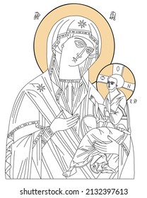 Orthodox icon of Holy Mother, God Mother of God Queen of Heaven with Divine Son Jesus Christ Child. Virgin Mary Directress Icon. Linear hand drawing. vector illustration, outline