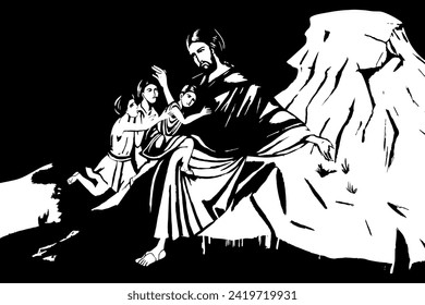 Orthodox icon of Jesus with kids. Christian antique illustration black and white in Byzantine style 