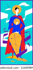 Orthodox icon of St. George. Vector image. Illustration of a Christian icon for print. Modern icon painting. The patron of Moscow. Cover. A warrior kills a snake. Modern style.