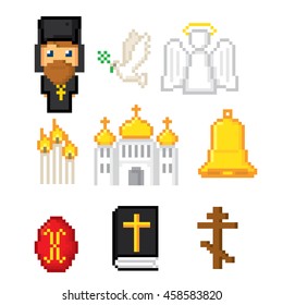 Orthodox icons set. Pixel art. Old school computer graphic style. Games elements.