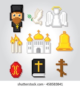 Orthodox icons set. Pixel art. Old school computer graphic style. Games elements.