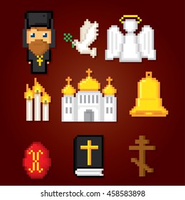 Orthodox icons set. Pixel art. Old school computer graphic style. Games elements.