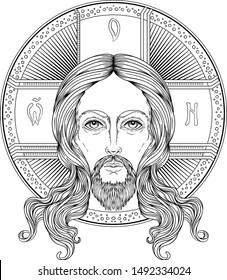 Orthodox Jesus Christ with halo.  Beautiful religious art. Bible character. Alchemy, religion, spirituality, occultism, tattoo art. Isolated vector illustration.