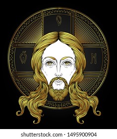 Orthodox Jesus Christ with halo.  Beautiful religious art. Bible character. Alchemy, religion, spirituality, occultism, tattoo art. Isolated vector illustration.