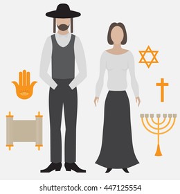 Orthodox jew, man and woman. Flat icon symbols of Judaism minora, david star, anchovy and scroll vector