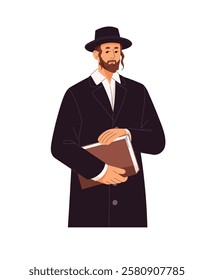 Orthodox jewish clergy holds Torah book in hands. Priest of judaism religion with sidelocks in hat. Religious man of christian church, confession. Flat isolated vector illustration on white background