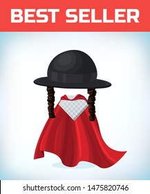 Orthodox jewish hat with sideburns. Black cylinder hat. Judaism symbols. Masquerade costume headdress. Carnival or Halloween mask. Cartoon Vector illustration. Red cape