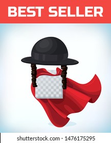 Orthodox jewish hat with sideburns. Black cylinder hat. Judaism symbols. Masquerade costume headdress. Carnival or Halloween mask. Cartoon Vector illustration. Red cape
