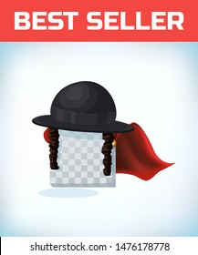 Orthodox jewish hat with sideburns. Black cylinder hat. Judaism symbols. Masquerade costume headdress. Carnival or Halloween mask. Cartoon Vector illustration. Red cape