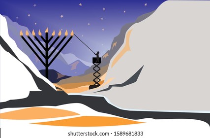 An Orthodox Jewish man lighting a public menorah in the snow