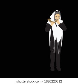 An Orthodox Jewish man with a tallit blows the shofar on Rosh Hashana and Yom Kippur.
Background for a Happy New Year card. vector flat drawing. 