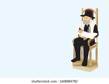 An Orthodox Jewish rabbi sits on Elijah's chair. Shawl around his shoulders. On his knees a pillow. And on it is an eight-day-old baby. Light blue background illustration.