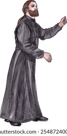 Orthodox Monk in Cassock, Deacon, Sexton Gesticulating in Sermon. Watercolor Illustration. Vector