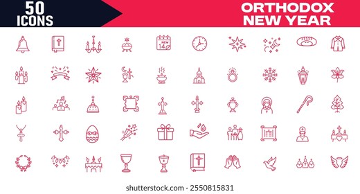 Ortodoxo Año Nuevo Editable Stroke Outline Icons Set, Sacerdote ortodoxo, Símbolos de celebración, Diseño de tarjeta de felicitación, Ilustración vectorial, Perfecto para Web e impresión