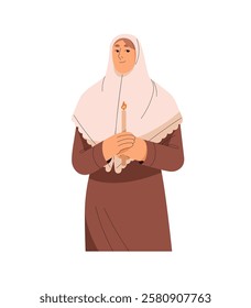 Orthodox nun in traditional attire portrait. Religious sister, woman of Christian religion in headscarf. Happy clergy, church priest holds candle in hands. Flat isolated vector illustration on white