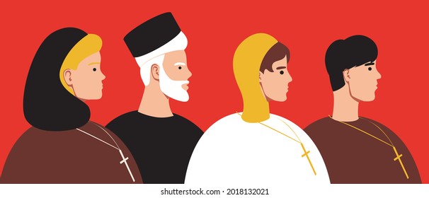 Orthodox people, religion Orthodoxy. Flat vector stock illustration. People in religious clothes. National confession Christianity. Religious teaching. Men and women are Orthodox Christians