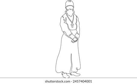 Orthodox priest. Christian minister of worship. Male priest in full length in religious vestments.Religion. One continuous line . Line art. Minimal single line.White background. One line drawing. 