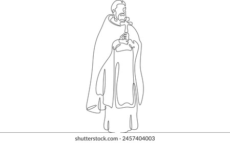 Orthodox priest. Christian minister of worship. Male priest in full length in religious vestments.Religion. One continuous line . Line art. Minimal single line.White background. One line drawing. 